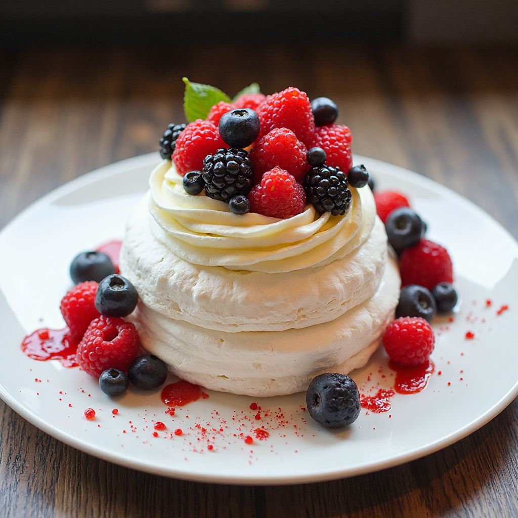 Contemporary pavlova dessert with fresh berries